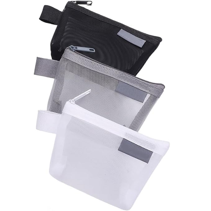 Portable Square Mesh Storage Bag,Zippered Mesh Cosmetic Bag,Small Square Mesh Coin Purse Travel Storage Carry Pouch, Grey+Black+White, Transparent 3pcs