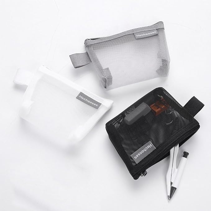 Portable Square Mesh Storage Bag,Zippered Mesh Cosmetic Bag,Small Square Mesh Coin Purse Travel Storage Carry Pouch, Grey+Black+White, Transparent 3pcs