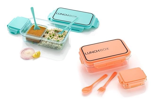 Kids Lunch Box - Classic Transparent Tiffin Box Unbrackble Plastic Microwave Safe 2 Compartment Lunch Tifin Set with Leak Proof Lid for Travelling, School,Office-Color May Vary (Pack of 1)