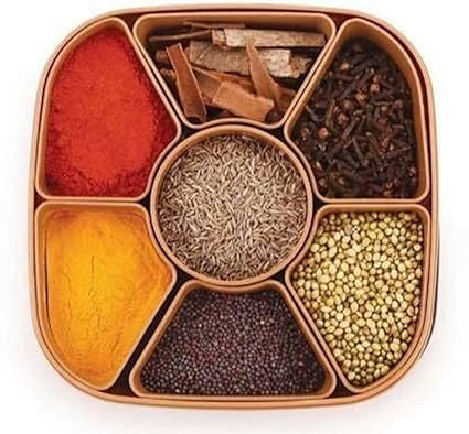 Buy and Bill 7-Compartment Spice Storage Box – Multipurpose Plastic Masala Organizer with Clear Lid, Airtight Compartments for Freshness, Ideal for Kitchen Countertop and Pantry Storage