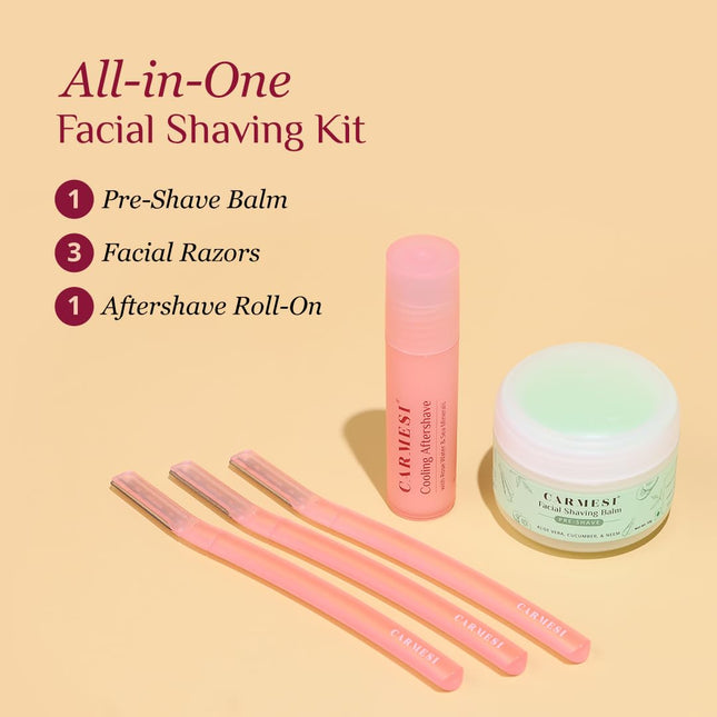 Carmesi All-in-One Face Shaving Kit for Women | 1 Pre-Shave Balm + 3 Reusable Face Razors + 1 Aftershave Roll On