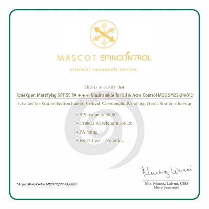 Moody AcneXpert Ultra Matte Dry Touch Sunscreen Gel with Niacinamide & Green Tea -50ML