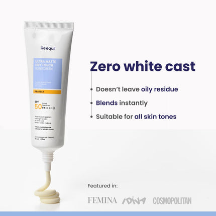 RE' EQUIL Ultra Matte Dry Touch Sunscreen | SPF 50 PA++++ 50 gm