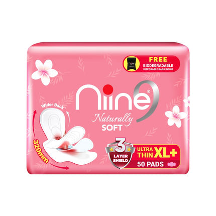NIINE Naturally Soft Ultra Thin XL+ Sanitary Napkins |320mm (Pack of 1) 50 Pads