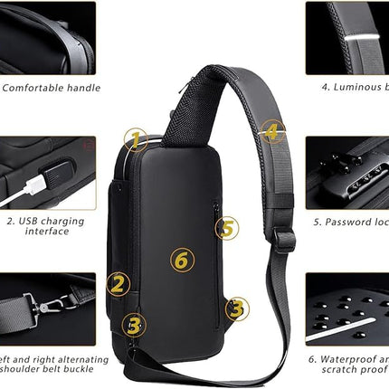 Waterproof Polyester Slim Unisex Crossbody Sling Bag Chest Backpack Men's Shoulder Bag, Leisure Travel Handbag, Hard Shell Anti-Theft Chest Bag (Black)