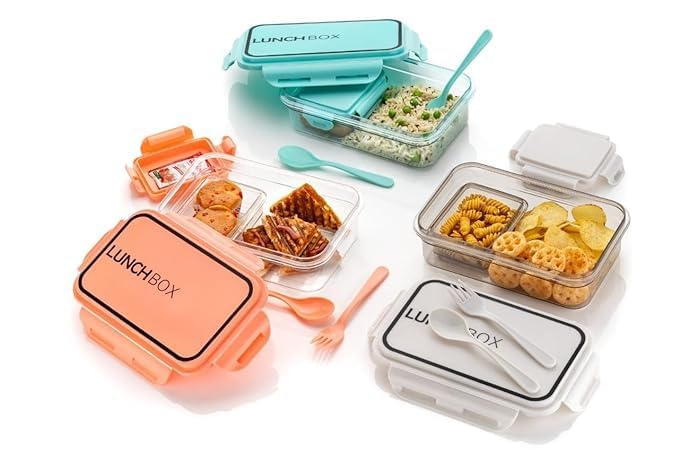 Kids Lunch Box - Classic Transparent Tiffin Box Unbrackble Plastic Microwave Safe 2 Compartment Lunch Tifin Set with Leak Proof Lid for Travelling, School,Office-Color May Vary (Pack of 1)