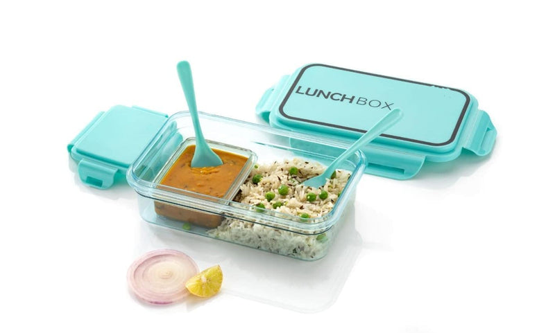 Kids Lunch Box - Classic Transparent Tiffin Box Unbrackble Plastic Microwave Safe 2 Compartment Lunch Tifin Set with Leak Proof Lid for Travelling, School,Office-Color May Vary (Pack of 1)