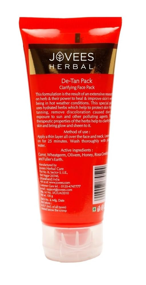 Jovees Herbal De-Tan Face Pack | Contains Wheat Germ and Carrot | For Tan Removal-100gm