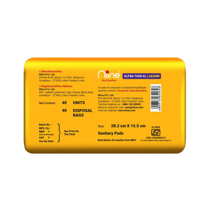 Niine Dry Comfort Ultra Thin XL Sanitary Pads for Women | 40 Pads, Pack of 1 | 282mm