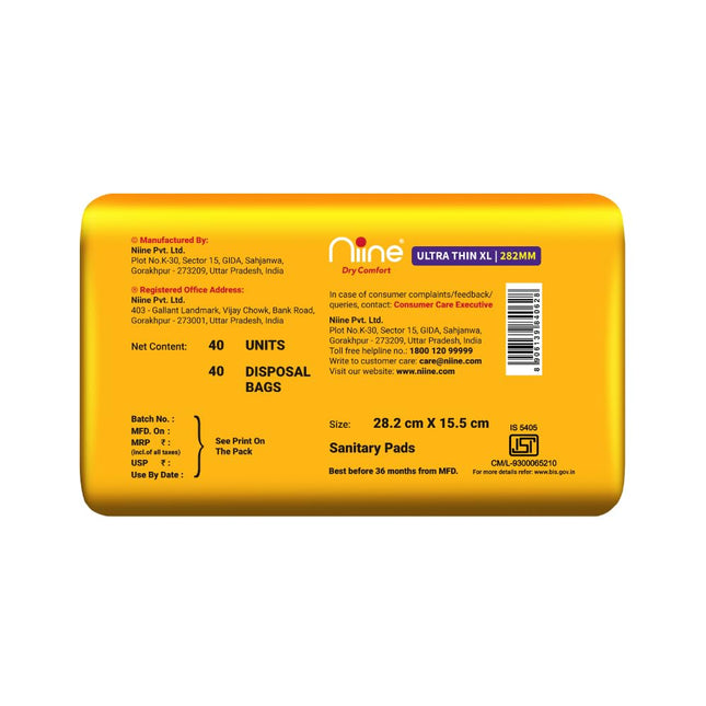 Niine Dry Comfort Ultra Thin XL Sanitary Pads for Women | 40 Pads, Pack of 1 | 282mm