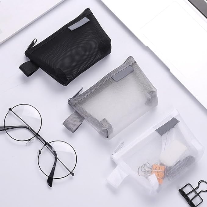 Portable Square Mesh Storage Bag,Zippered Mesh Cosmetic Bag,Small Square Mesh Coin Purse Travel Storage Carry Pouch, Grey+Black+White, Transparent 3pcs