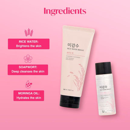The Face Shop 2 Step Rice Water Bright Kit  Face Wash 100ml + Rice Water Bright Light Cleansing Oil 55ml