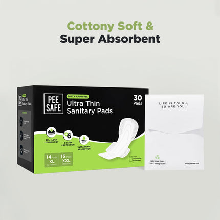 PEESAFE Ultra Thin Sanitary Pad 30 Pads- 14 XL Pads + 16 XXL