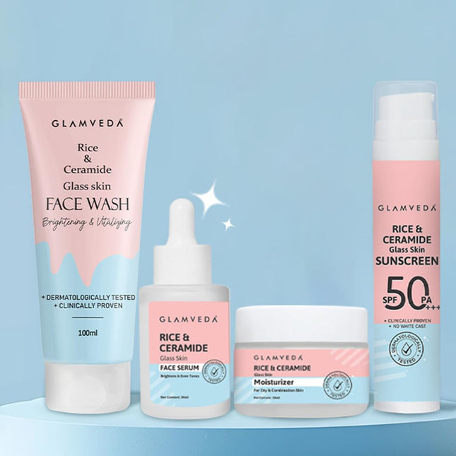 Glamveda Rice & Ceramide 4 Step Skincare Kit | Face Wash, Moisturizer, Face Serum & SPF 50 PA++ Sunscreen