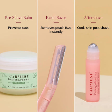 Carmesi All-in-One Face Shaving Kit for Women | 1 Pre-Shave Balm + 3 Reusable Face Razors + 1 Aftershave Roll On
