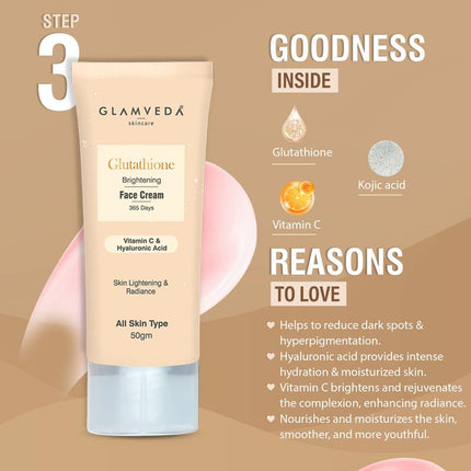 Glamveda Glutathione 4-Step Skincare Routine  Facewash + Face cream + Faceserum + Sunscreen