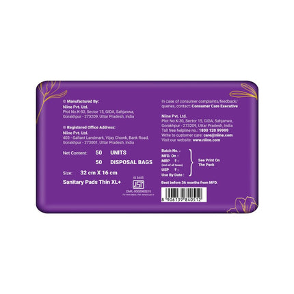 NIINE Dry Comfort Ultra Thin XL+ Sanitary Napkins (Pack of 1) 50 Pads|320mm
