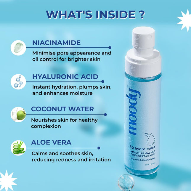 Moody 7D Hydro Burst Hydrating Face Mist & Essence Toner with Hyaluronic Acid Vitamin B5 & Rice Water-110ml