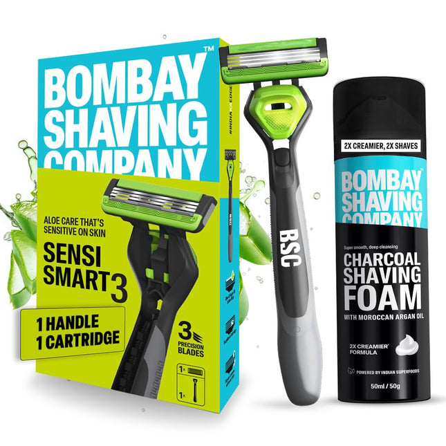 Bombay Shaving Company Sensi Smart 3 Razor and Charcoal Shaving Foam Combo | 3 Blades Shaving Foam, 50g