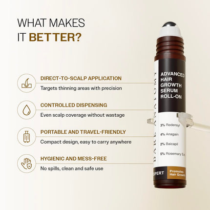 Bare Anatomy Advanced Hair Growth Serum Roll-On| 3% Redensyl + 4% Anagain + 2% Baicapil + 5% Rosemary, Rice Water, 25ml