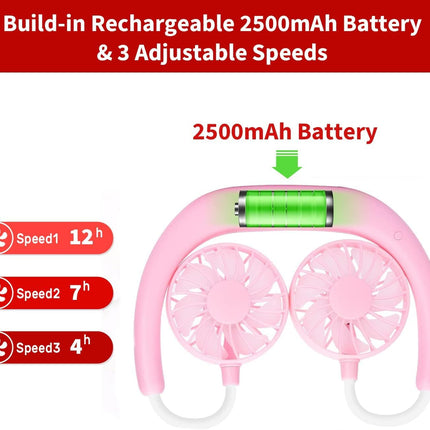 Portable Neck Fan Rechargeable Personal Hand-Free Fan Mini USB Wearable Neckband Sport Fan, 3 Speed Adjustable, 360 Degrees Free Rotation Perfect for Working, Traveling, Office, Reading (pink)