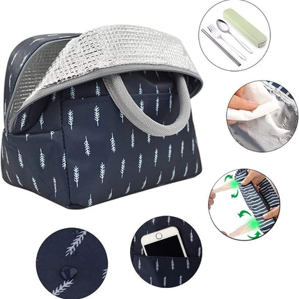 WEZOSHINET Insulated Lunch Bags for Women Work Student Kids to School Waterproof Thermal Cooler Tote Bag Picnic Organizer Storage Tiffin Box Portable and Reusable (Blue Leaf)