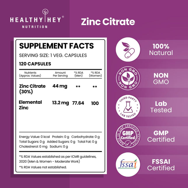 Healthy Hey Nutrition Zinc Citrate - 120 Veg Capsules