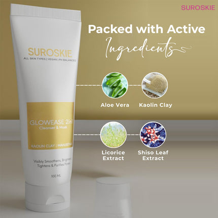 Suroskie GlowEase 2-in-1 Cleanser & Mask 100 ml | Aloe Vera & Kaolin Clay