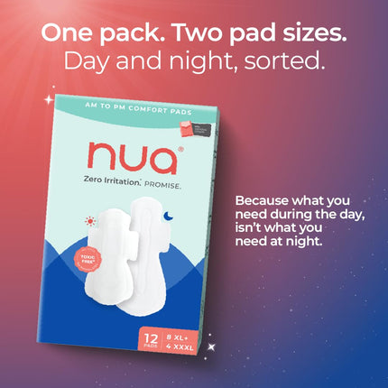 Nua Day & Night Sanitary Pads | Pack of 12 (8 XL Day + 4 XXXL Night Pads