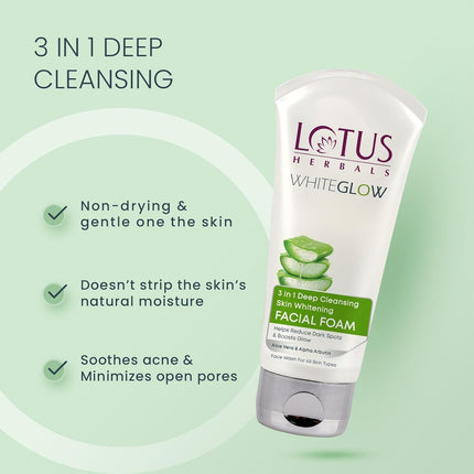Lotus Herbals 3 in 1 Deep Cleansing Facial Foam | Face Wash for Women & Men-100G