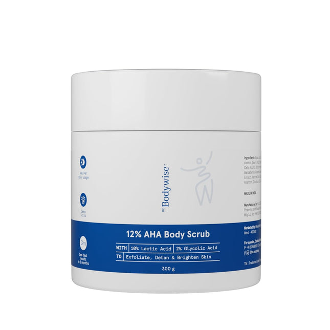 Be Bodywise 12% AHA Body Scrub | Exfoliating Scrub with Glycolic Acid & Lactic Acid Oat & Aloe Extract for Hydration | Vitamin E for Skin Protection | 300g