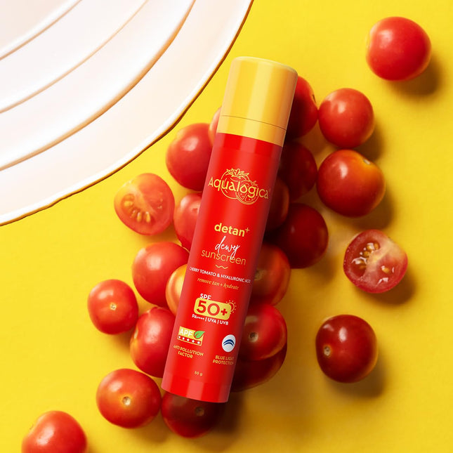 Aqualogica Detan+ Dewy Sunscreen SPF 50+ PA++++ with Cherry Tomato & HA - 50 g