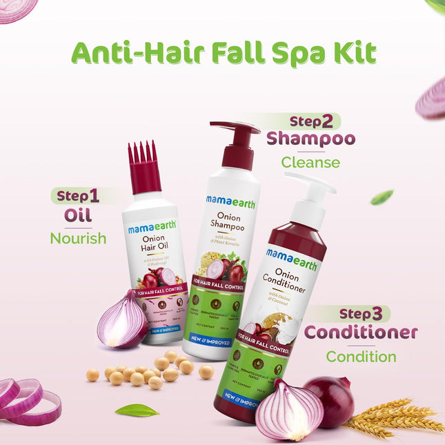 Mamaearth Anti-Hair Fall Spa Kit | Onion Shampoo 250 ml + Conditioner 250 ml + Hair Oil 150 ml