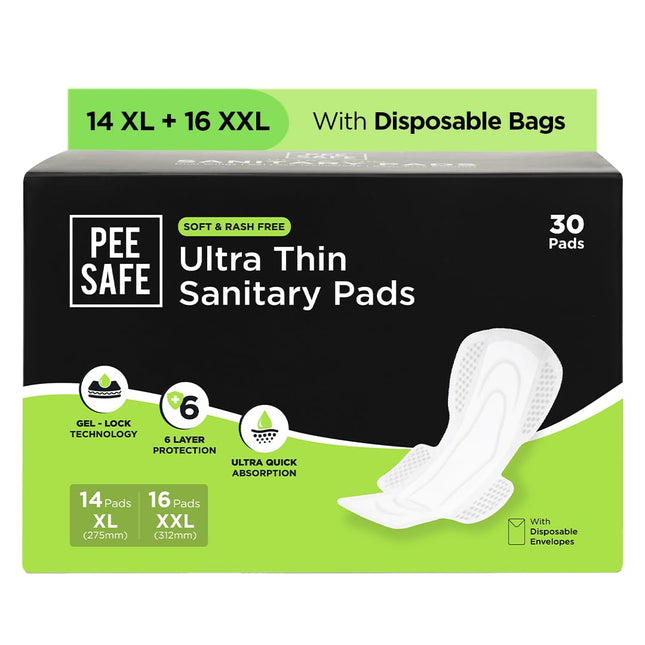 PEESAFE Ultra Thin Sanitary Pad 30 Pads- 14 XL Pads + 16 XXL