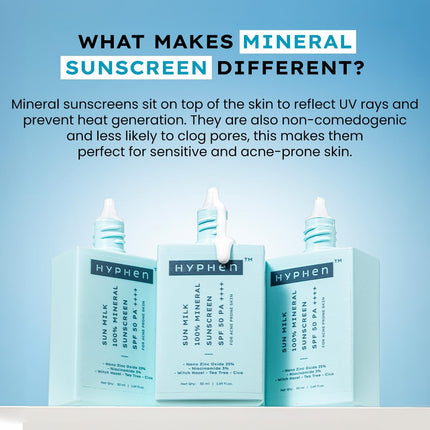 Hyphen Sun Milk 100% Mineral Sunscreen Spf 50 Pa++++ Uv+ Bluelight Protection, 25% Nano Zinc Oxide | 50ml