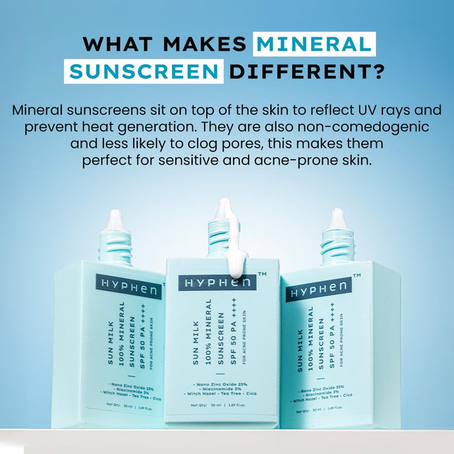 Hyphen Sun Milk 100% Mineral Sunscreen Spf 50 Pa++++ Uv+ Bluelight Protection, 25% Nano Zinc Oxide | 50ml