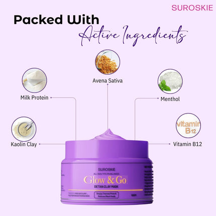 Suroskie Glow & Go De-Tan Clay Mask | Kaolin Clay & Kojic Extract-50g
