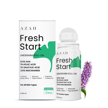 Azah Fresh Start Underarm Roll-On Deodorant For Women 6.5% AHA, 50 ml1% Kojic & 1% Salicylic Acid, 2.5% Niacinamide