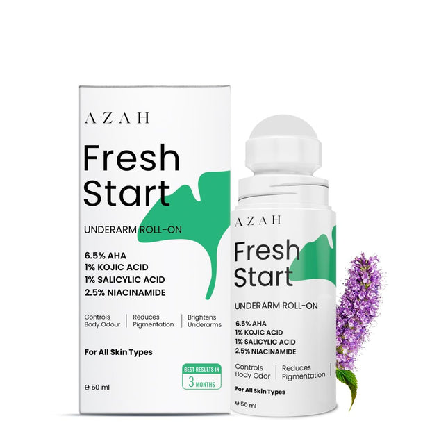 Azah Fresh Start Underarm Roll-On Deodorant For Women 6.5% AHA, 50 ml1% Kojic & 1% Salicylic Acid, 2.5% Niacinamide