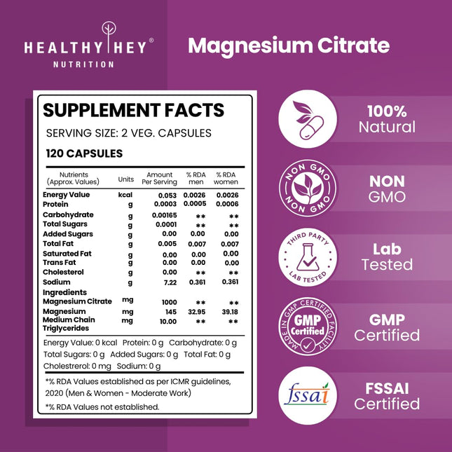 HealthyHey Nutrition Magnesium Citrate-120 Vegetable Capsules