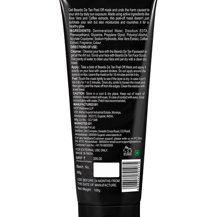 Beardo DeTan Peel off Face Mask for Men, 100g | Coffee