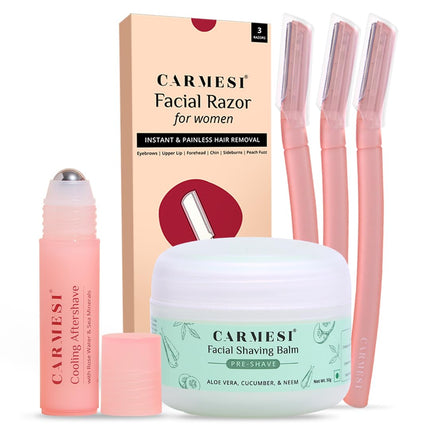 Carmesi All-in-One Face Shaving Kit for Women | 1 Pre-Shave Balm + 3 Reusable Face Razors + 1 Aftershave Roll On