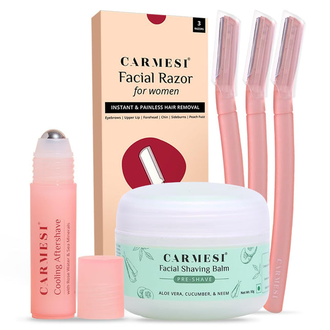 Carmesi All-in-One Face Shaving Kit for Women | 1 Pre-Shave Balm + 3 Reusable Face Razors + 1 Aftershave Roll On