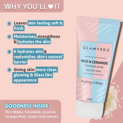 Glamveda Korean Rice & Ceramide 3 Step Skincare Routine Face Wash, Facial Kit & Peel Off Mask