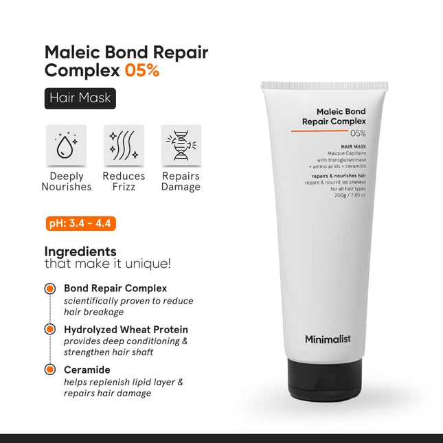Minimalist Hair Mask Maleic Bond Repair Complex 05% with Transglutaminase, Amino Acids & Ceramides -200gm