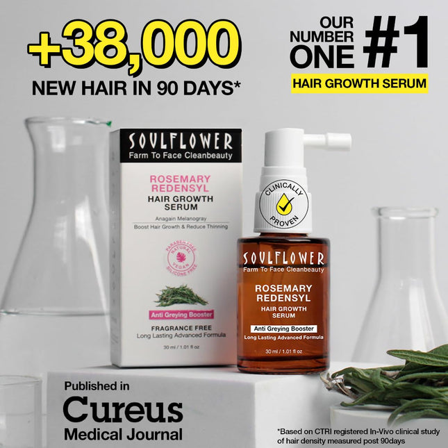 Soulflower Hair Growth Serum, Rosemary Oil, 3% Redensyl, 4% Anagain, Caffeine, Melanogray, Biotin, Rice Water - 30ml