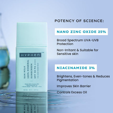 Hyphen Sun Milk 100% Mineral Sunscreen Spf 50 Pa++++ Uv+ Bluelight Protection, 25% Nano Zinc Oxide | 50ml
