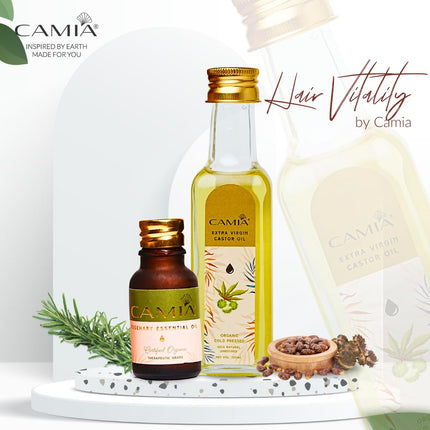 CAMIA Premium Cold Pressed Organic Castor Oil, 100 ML + Rosemary Essential Oil