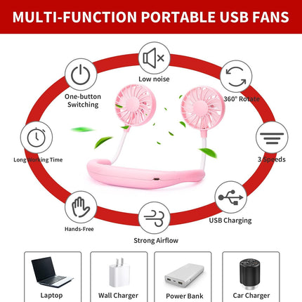 Portable Neck Fan Rechargeable Personal Hand-Free Fan Mini USB Wearable Neckband Sport Fan, 3 Speed Adjustable, 360 Degrees Free Rotation Perfect for Working, Traveling, Office, Reading (pink)