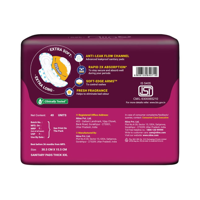 NIINE Naturally Soft XXL Sanitary Pads for Women | 40 Pads | 305MM